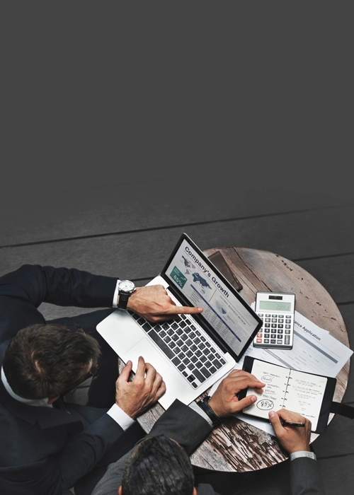 Socios revisando datos en computadora
